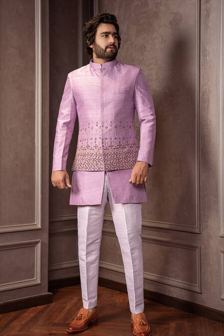 AMRIN KHAN_Purple Silk Cut Work, Beads, Embroidery Cutdana Bandhgala Set _Online_at_Aza_Fashions