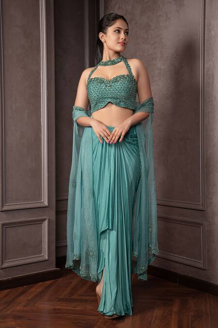 AMRIN KHAN_Green Net, Crepe Beads, Embroidery Open Cutdana Embellished Blouse Skirt Set _Online_at_Aza_Fashions