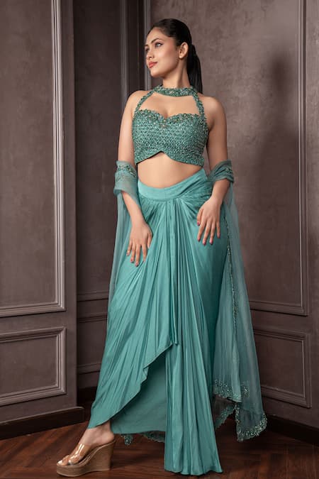 AMRIN KHAN Cutdana Embellished Halter Blouse Skirt Set 