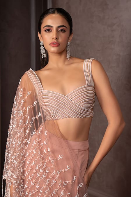 AMRIN KHAN_Rose Gold Organza, Crepe Beads, Embroidery, Sequins, Layered Skirt And Blouse Set _Online_at_Aza_Fashions