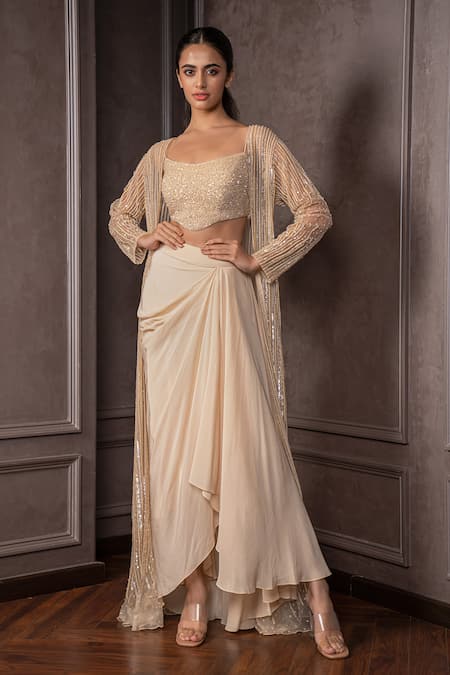 Shop_AMRIN KHAN_Gold Crepe, Silk Sequins, Beads Round Neck, And Cutdana Embroidered Cape Skirt Set _Online_at_Aza_Fashions