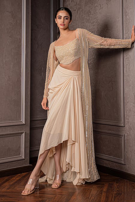 AMRIN KHAN Sequins & Cutdana Embroidered Cape Skirt Set 