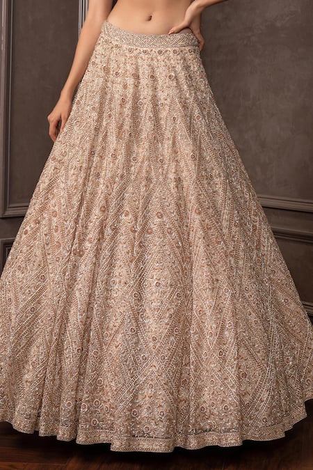Buy_AMRIN KHAN_Rose Gold Organza Embroidery, Sequins, Pearls, Stones Foil Cutdana Lehenga Set _Online_at_Aza_Fashions