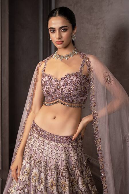 AMRIN KHAN_Purple Organza Embroidery, Sequins, Beads, Stones Floral Cutdana Lehenga Set _Online_at_Aza_Fashions