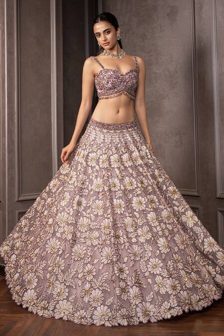Shop_AMRIN KHAN_Purple Organza Embroidery, Sequins, Beads, Stones Floral Cutdana Lehenga Set _Online_at_Aza_Fashions