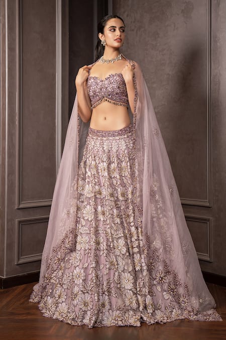 AMRIN KHAN_Purple Organza Embroidery, Sequins, Beads, Stones Floral Cutdana Lehenga Set _at_Aza_Fashions