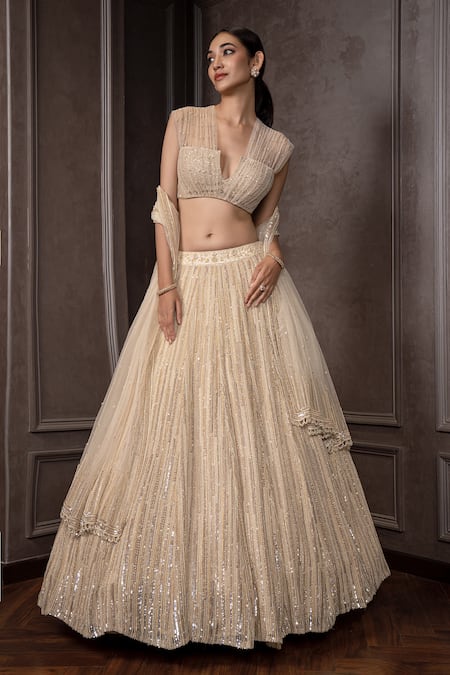Buy_AMRIN KHAN_Gold Organza, Net Sequins, Embroidery V-neck Lehenga Set _Online_at_Aza_Fashions