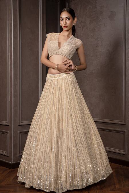 Shop_AMRIN KHAN_Gold Organza, Net Sequins, Embroidery V-neck Lehenga Set _Online_at_Aza_Fashions
