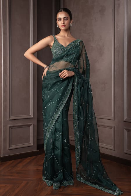 Shop_AMRIN KHAN_Emerald Green Organza Crystals, Embroidery, Beads Cutdana Saree Blouse Set _Online_at_Aza_Fashions