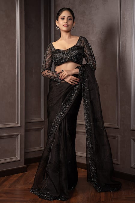 AMRIN KHAN_Black Organza Beads, Embroidery Sweetheart Neck Saree Blouse Set _Online_at_Aza_Fashions