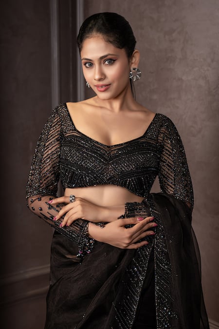 Shop_AMRIN KHAN_Black Organza Beads, Embroidery Sweetheart Neck Saree Blouse Set _Online_at_Aza_Fashions