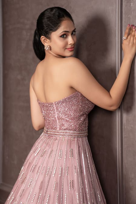 AMRIN KHAN_Lavender Organza Sequins, Beads Foil And Cutdana Embroidered Corset Gown _Online_at_Aza_Fashions