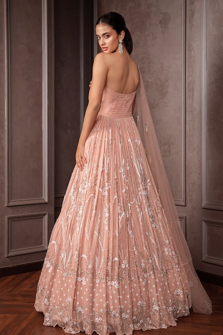 AMRIN KHAN One Shoulder Pleated Gown With Attached Dupatta 