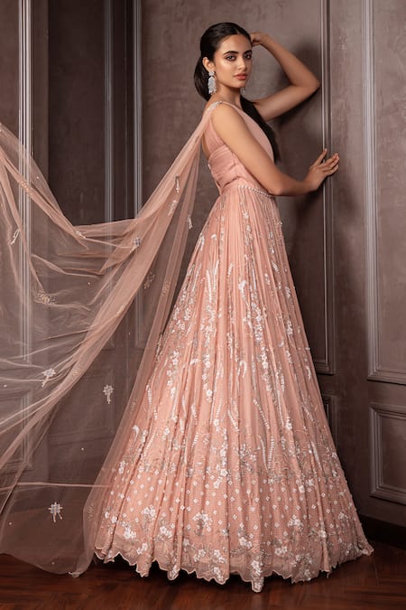 AMRIN KHAN_Pink Net, Georgette Embroidery, Sequins, Pleated Gown With Attached Dupatta _Online_at_Aza_Fashions