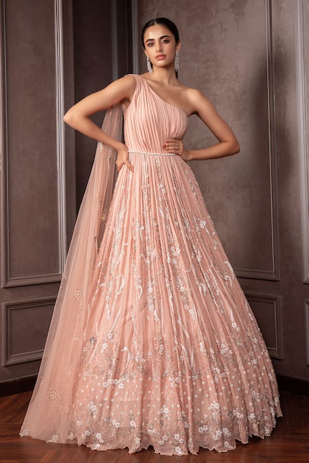 AMRIN KHAN One Shoulder Pleated Gown With Attached Dupatta 