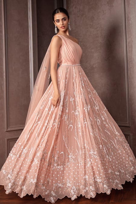 Buy_AMRIN KHAN_Pink Net, Georgette Embroidery, Sequins, Pleated Gown With Attached Dupatta _Online_at_Aza_Fashions
