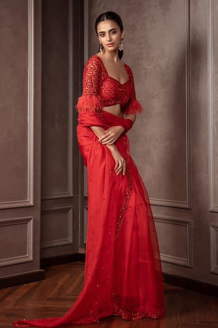 AMRIN KHAN Feather Cutdana Embroidered Saree Blouse Set 