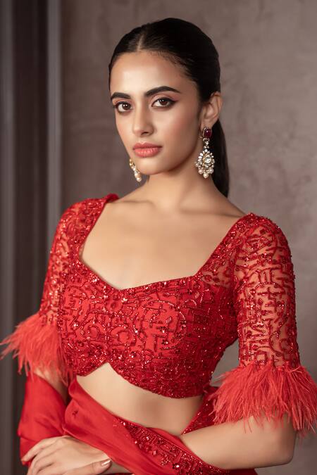 AMRIN KHAN_Red Organza Feathers, Stones, Crystals Cutdana Embroidered Saree Blouse Set _Online_at_Aza_Fashions