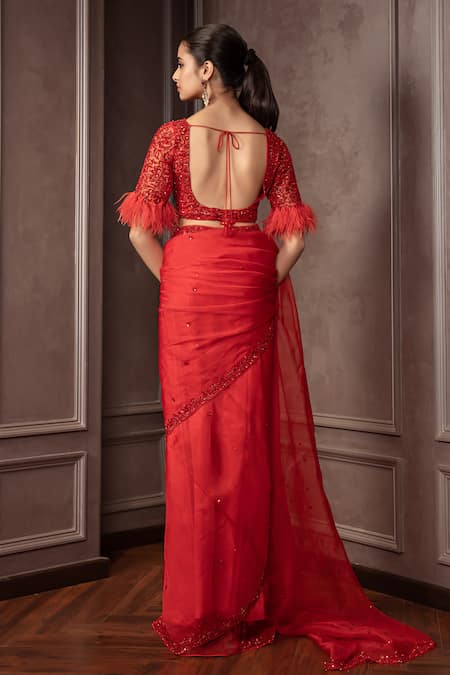 AMRIN KHAN Feather Cutdana Embroidered Saree Blouse Set 