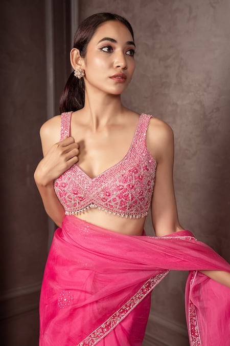 Buy_AMRIN KHAN_Pink Organza Crystals, Beads, Embroidery V-neck Hanging Cutdana Saree Set _Online_at_Aza_Fashions