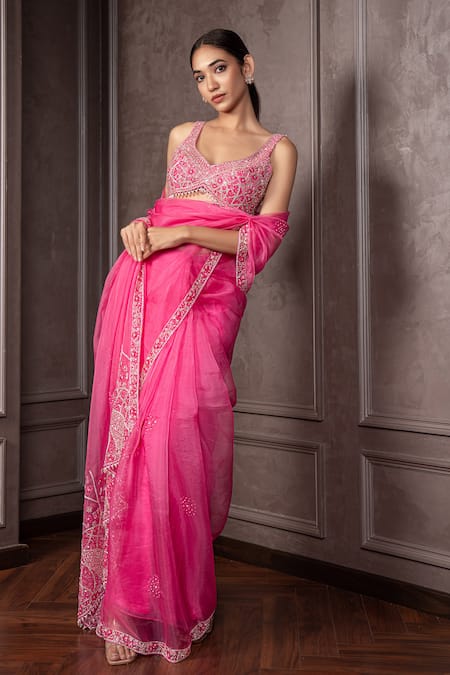 Shop_AMRIN KHAN_Pink Organza Crystals, Beads, Embroidery V-neck Hanging Cutdana Saree Set _Online_at_Aza_Fashions