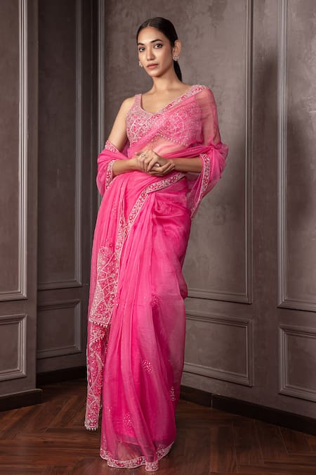 AMRIN KHAN Crystal Hanging Cutdana Embroidered Saree Set 