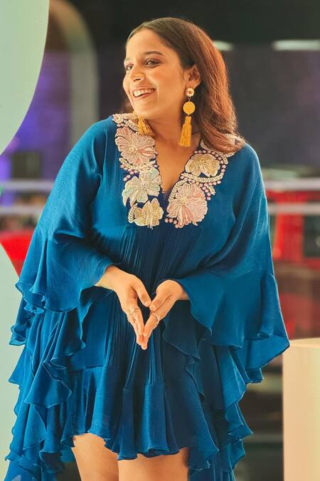 Anu Pellakuru_Blue Satin, Chiffon Beads, Pearls, Tassels, Jaan Ruffled Short Kaftan Dress _at_Aza_Fashions