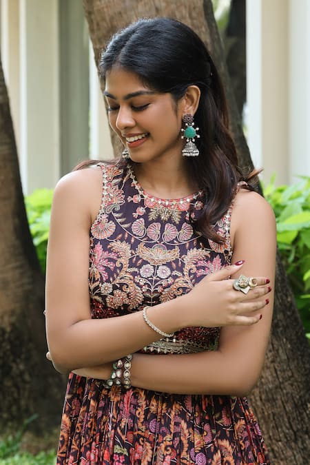 Buy_Anu Pellakuru_Brown Silk Zari, Mirrors V-neck Inara Printed Peplum Kurta And Sharara Set _Online_at_Aza_Fashions