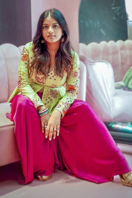 Anu Pellakuru_Lime Satin Embroidery, Cut Work V-neck Siya Peplum Jacket And Draped Pant Set _Online_at_Aza_Fashions