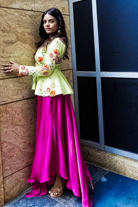 Buy_Anu Pellakuru_Lime Satin Embroidery, Cut Work V-neck Siya Peplum Jacket And Draped Pant Set _Online_at_Aza_Fashions