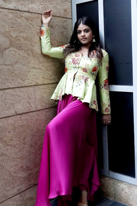 Anu Pellakuru Siya Embroidered Peplum Jacket & Draped Pant Set 