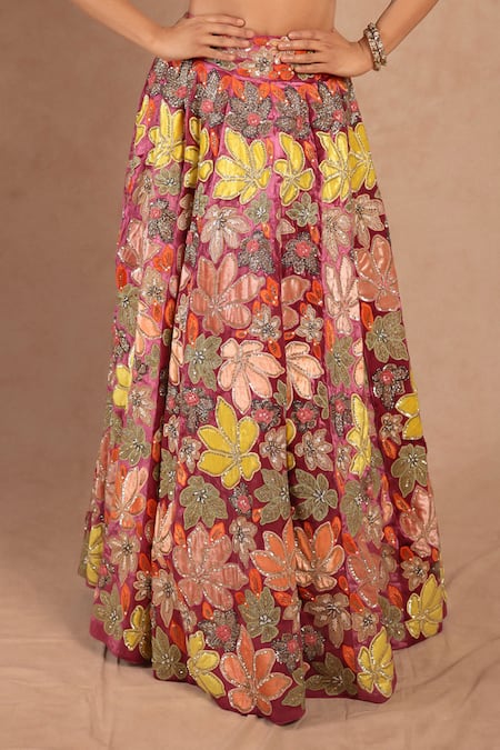 Buy_Anu Pellakuru_Wine Velvet Applique, Embroidery, Sundari Floral Handwork Lehenga And Blouse Set _Online_at_Aza_Fashions