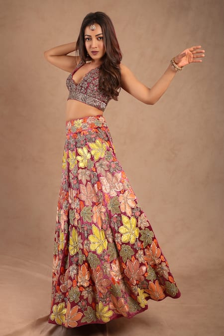 Anu Pellakuru_Wine Velvet Applique, Embroidery, Sundari Floral Handwork Lehenga And Blouse Set _at_Aza_Fashions