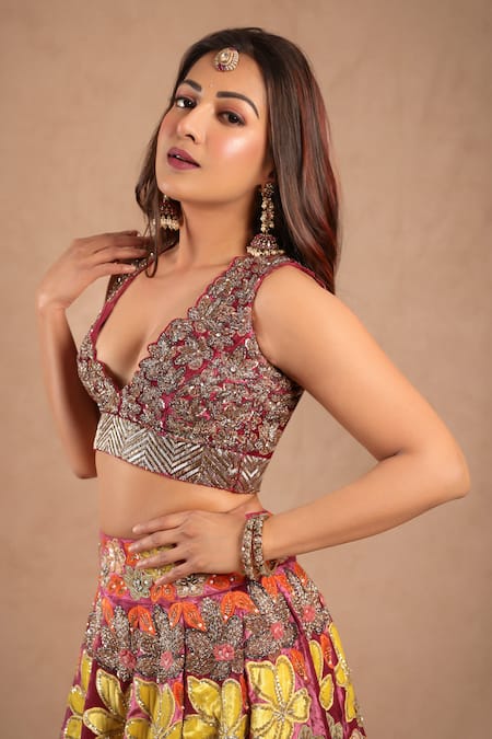 Buy_Anu Pellakuru_Wine Velvet Applique, Embroidery, Sundari Floral Handwork Lehenga And Blouse Set 