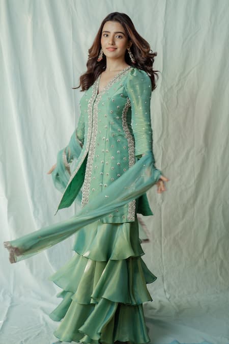 Buy_Anu Pellakuru_Green Silk, Net Pearls, Embroidery, Zari, Sequins Aishani Kurta Sharara Set _Online_at_Aza_Fashions