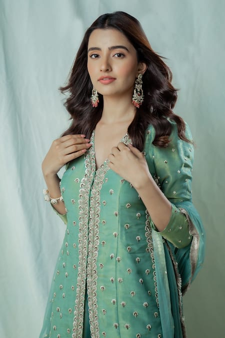 Shop_Anu Pellakuru_Green Silk, Net Pearls, Embroidery, Zari, Sequins Aishani Kurta Sharara Set _Online_at_Aza_Fashions