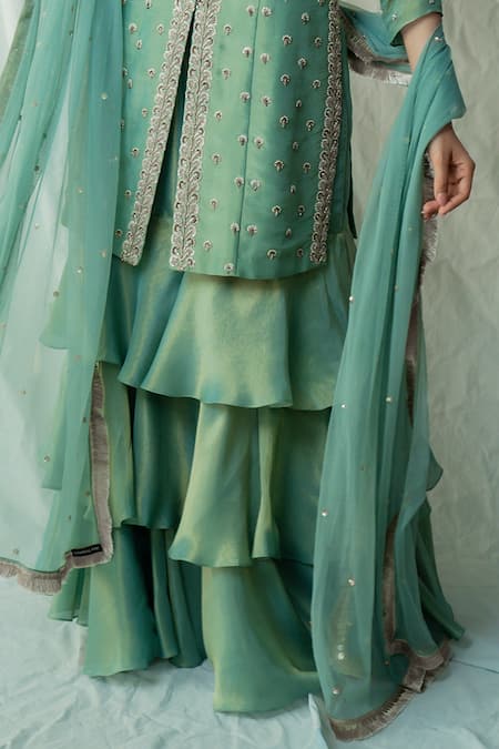 Anu Pellakuru_Green Silk, Net Pearls, Embroidery, Zari, Sequins Aishani Kurta Sharara Set _at_Aza_Fashions