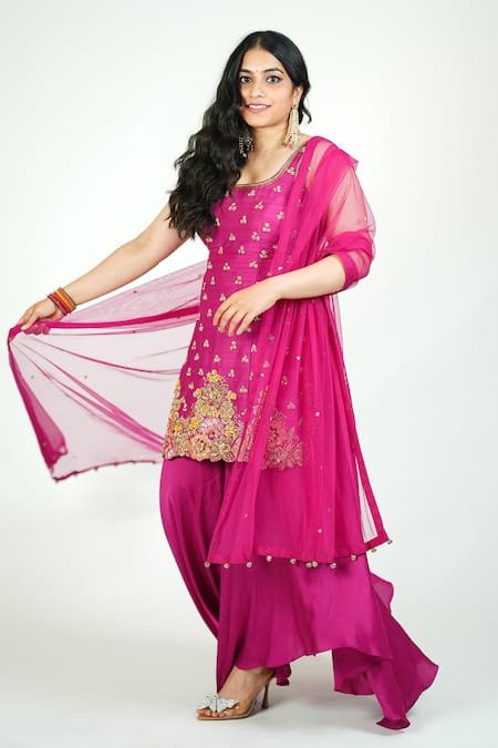 Anu Pellakuru_Magenta Chinon, Net Embroidery, Zari, Tassels Taeangita Kurta Sharara Set _Online_at_Aza_Fashions