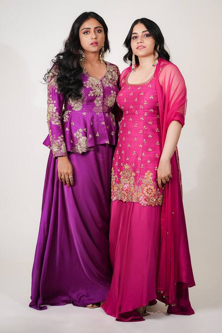 Anu Pellakuru_Magenta Chinon, Net Embroidery, Zari, Tassels Taeangita Kurta Sharara Set _at_Aza_Fashions