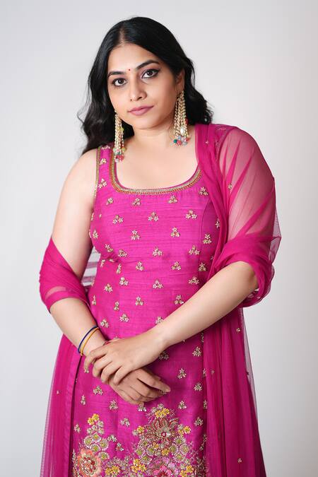 Buy_Anu Pellakuru_Magenta Chinon, Net Embroidery, Zari, Tassels Taeangita Kurta Sharara Set 