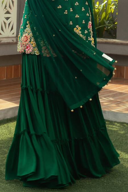Anu Pellakuru_Emerald Green Silk, Chinon, Chiffon, Net Tarangita Kurta Sharara Set _Online_at_Aza_Fashions