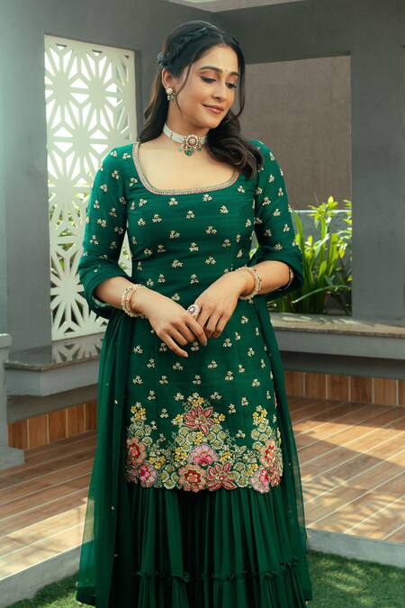Shop_Anu Pellakuru_Emerald Green Silk, Chinon, Chiffon, Net Tarangita Kurta Sharara Set _Online_at_Aza_Fashions