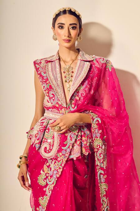 Buy_Anu Pellakuru_Pink Silk, Organza Embroidery, Beads, Mirrors, Nadia Saree With Peplum Jacket _Online_at_Aza_Fashions