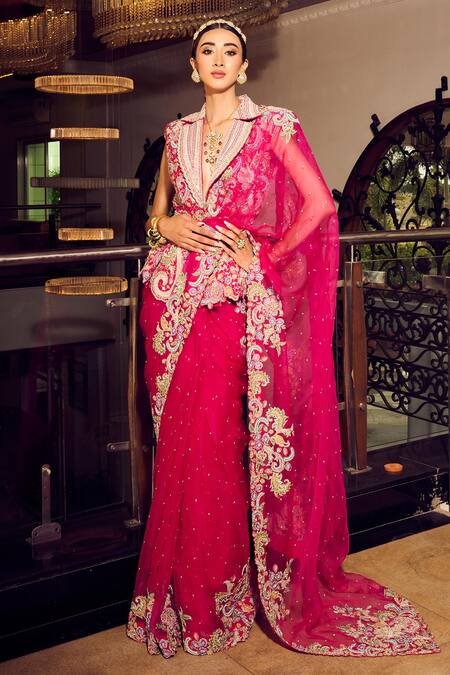 Shop_Anu Pellakuru_Pink Silk, Organza Embroidery, Beads, Mirrors, Nadia Saree With Peplum Jacket _Online_at_Aza_Fashions