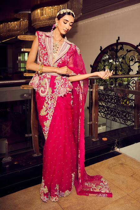 Anu Pellakuru_Pink Silk, Organza Embroidery, Beads, Mirrors, Nadia Saree With Peplum Jacket _at_Aza_Fashions