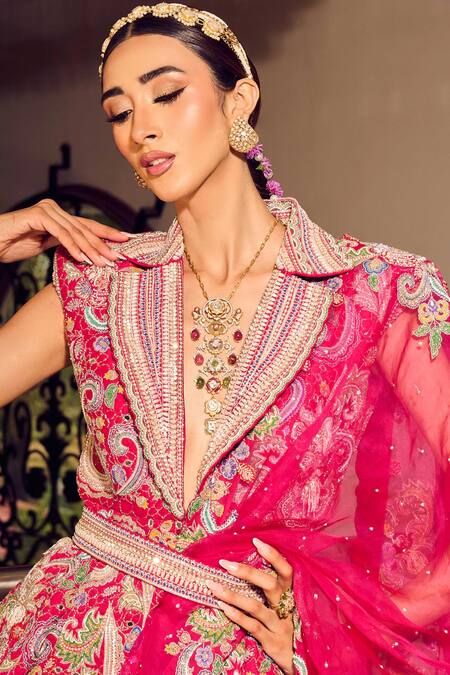 Buy_Anu Pellakuru_Pink Silk, Organza Embroidery, Beads, Mirrors, Nadia Saree With Peplum Jacket 