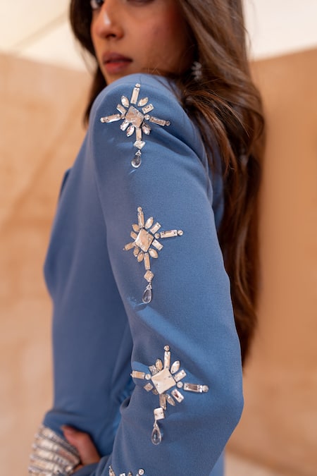 Buy_Asra_Blue Sequins, Stones Hand Embroidered Blazer And Shorts Set _Online_at_Aza_Fashions