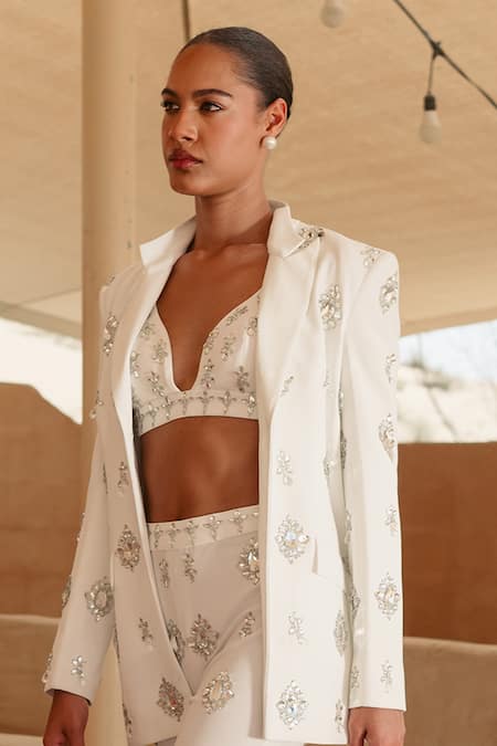 Buy_Asra_White Sequins, Stones Sweetheart Neck Hand Embroidered Blazer Pant Set _Online_at_Aza_Fashions