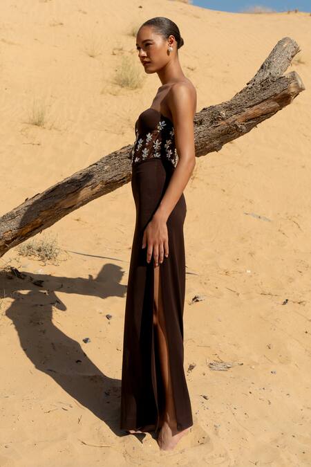 Asra_Brown Stones, Beads Sweetheart Neck Scuba Hand Embroidered Maxi Dress _Online_at_Aza_Fashions