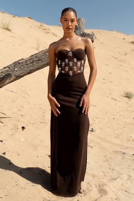 Buy_Asra_Brown Stones, Beads Sweetheart Neck Scuba Hand Embroidered Maxi Dress _Online_at_Aza_Fashions